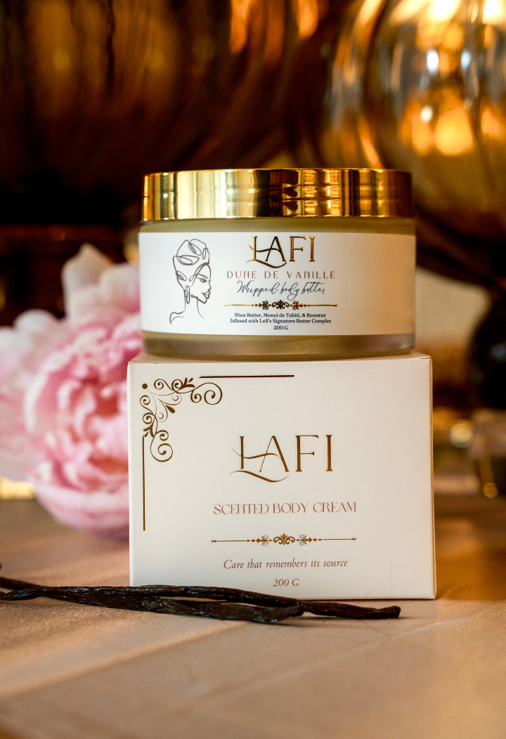 LAFI scented body cream jar and packaging on a silk surface with decorative background