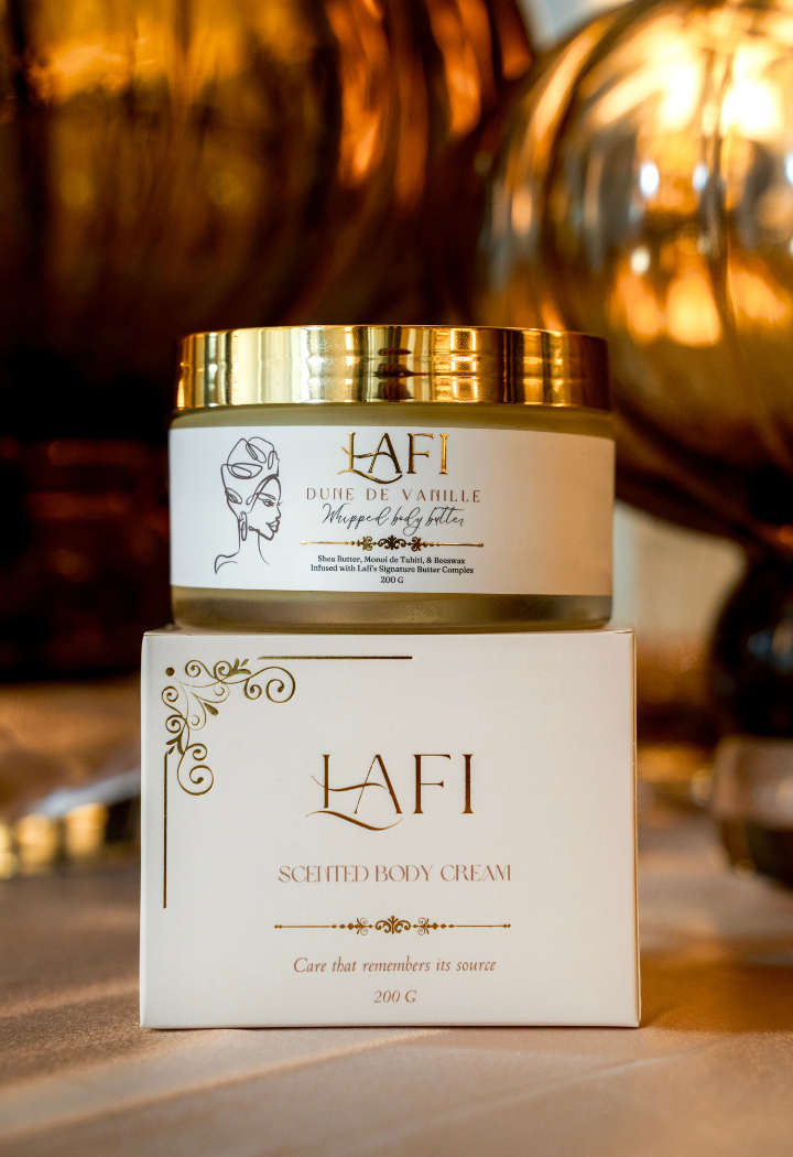 LAFI scented body cream jar and packaging on a wooden surface with warm lighting.