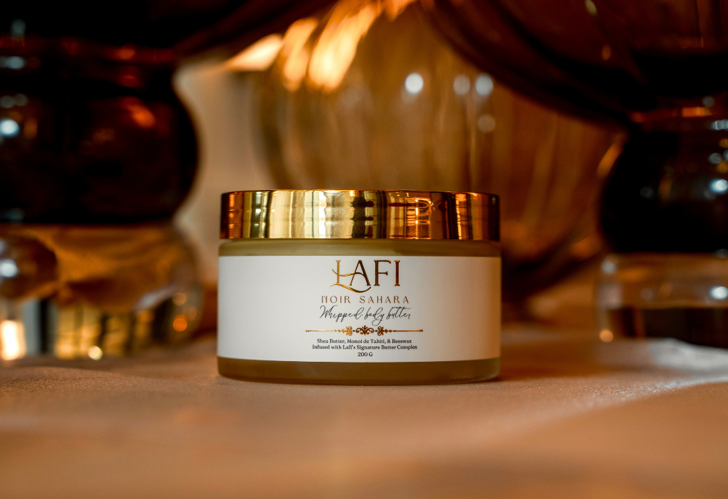 LAFI whipped body butter jar with a warm background