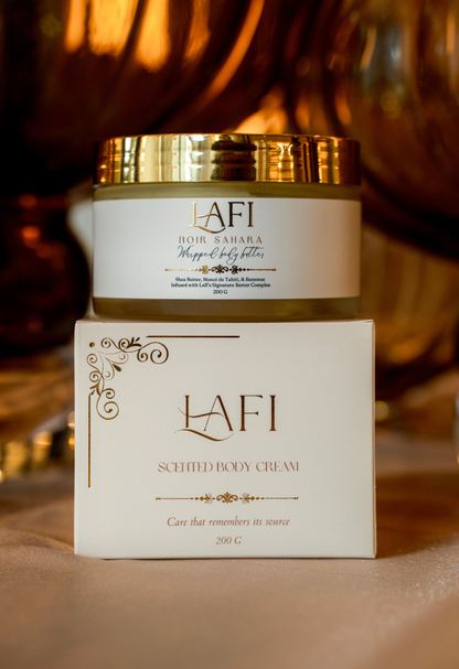 Lafi scented body cream jar and packaging on a warm-toned background