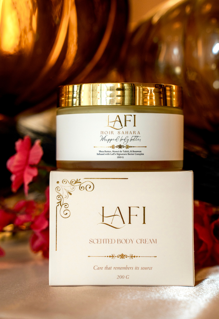 LAFI scented body cream jar and packaging on a decorative background with flowers.