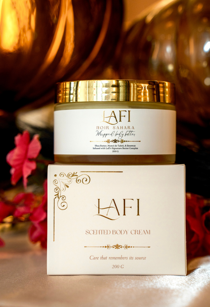 LAFI scented body cream jar and packaging on a decorative background with flowers.