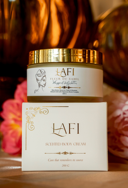 Lafi body cream jar and packaging with a blurred floral background